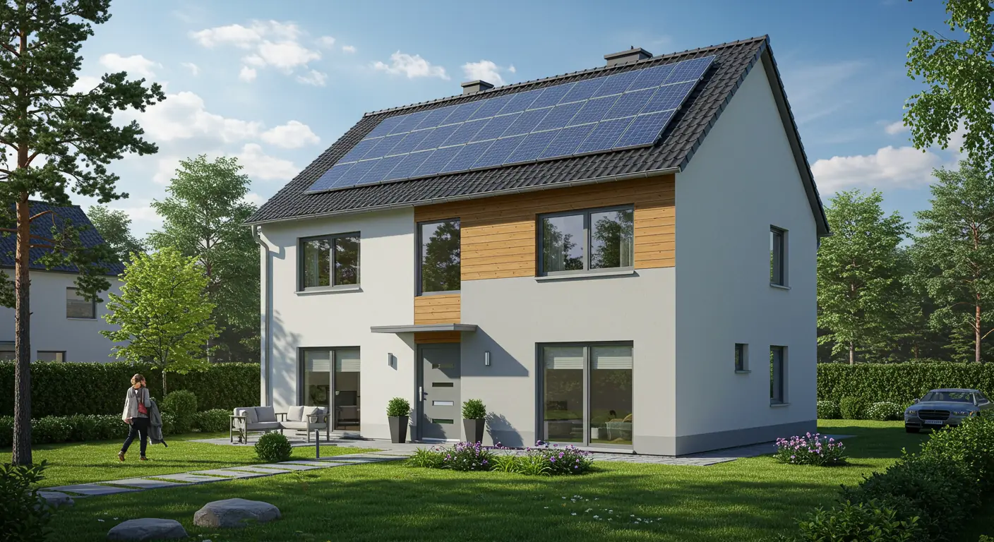 Zweigeschossiges Einfamilienhaus mit Photovoltaikanlage, Holzelementen an der Fassade und Garten
